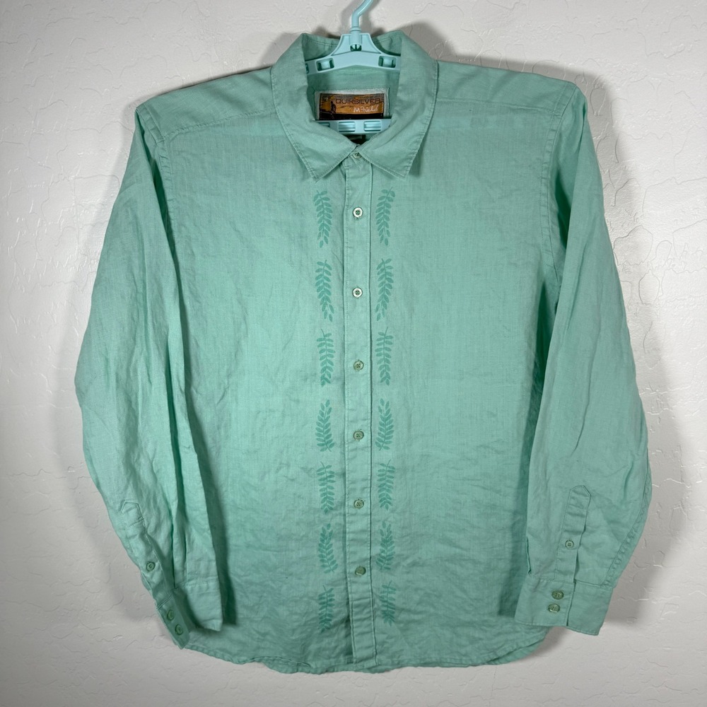 Quiksilver Button Up Shirt Mens XL Green Linen Embroidered Leaf Beach Surfer